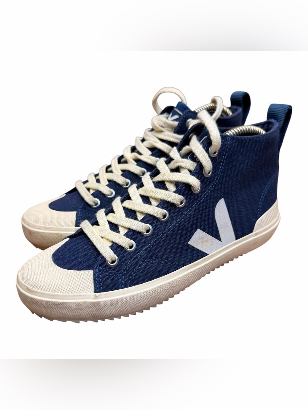 Veja women size 7 Navy Canvas High-Top Sneakers with Off-White Accents